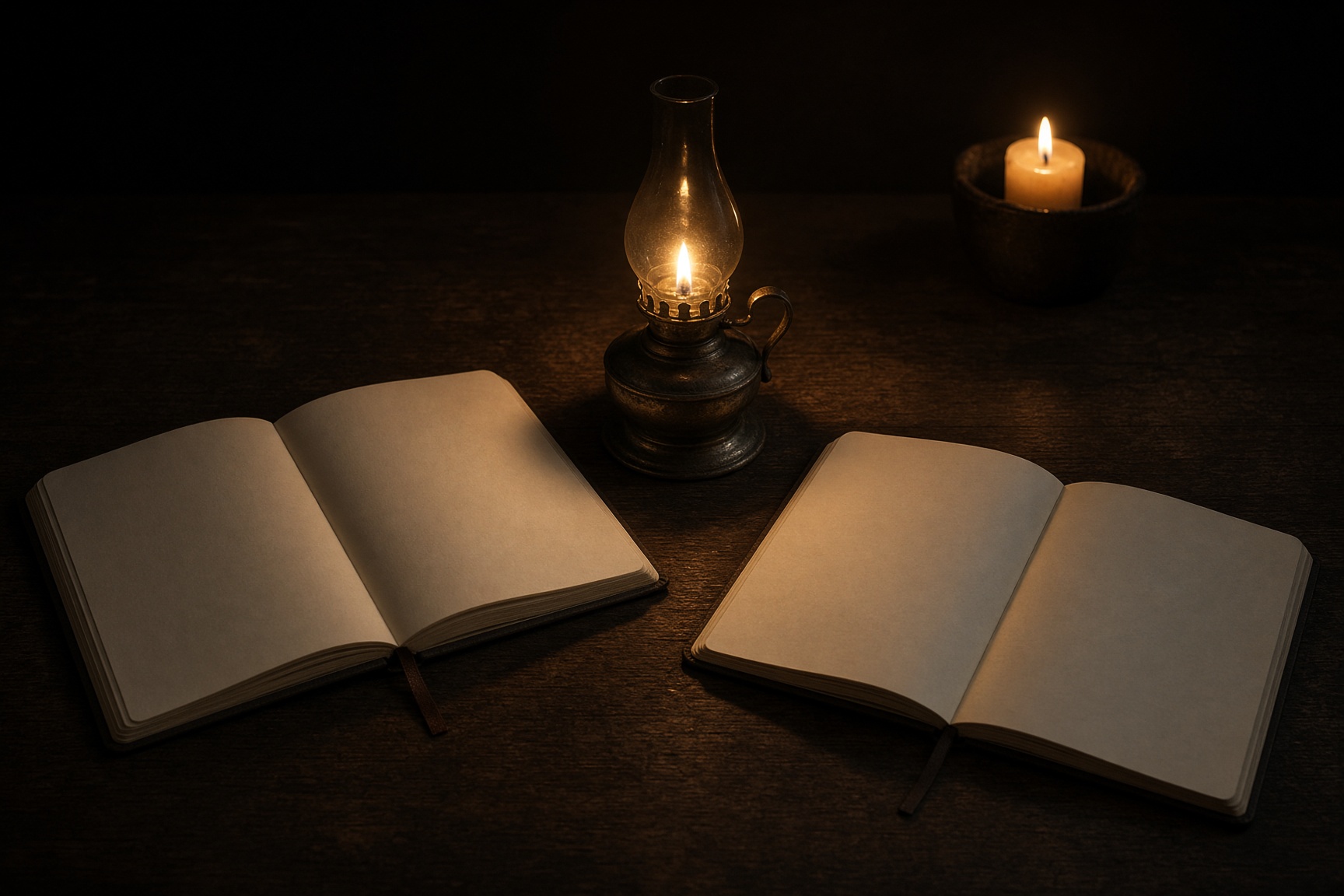 Two notebooks sharing one lamp on a dark table. Interpretive atmosphere, not a historical manuscript.