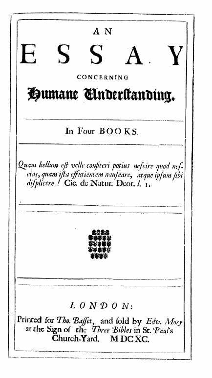 Title page of the first edition of An Essay Concerning Humane Understanding, London, printed for Thomas Basset, dated 1690. The printed title uses the spelling Humane.