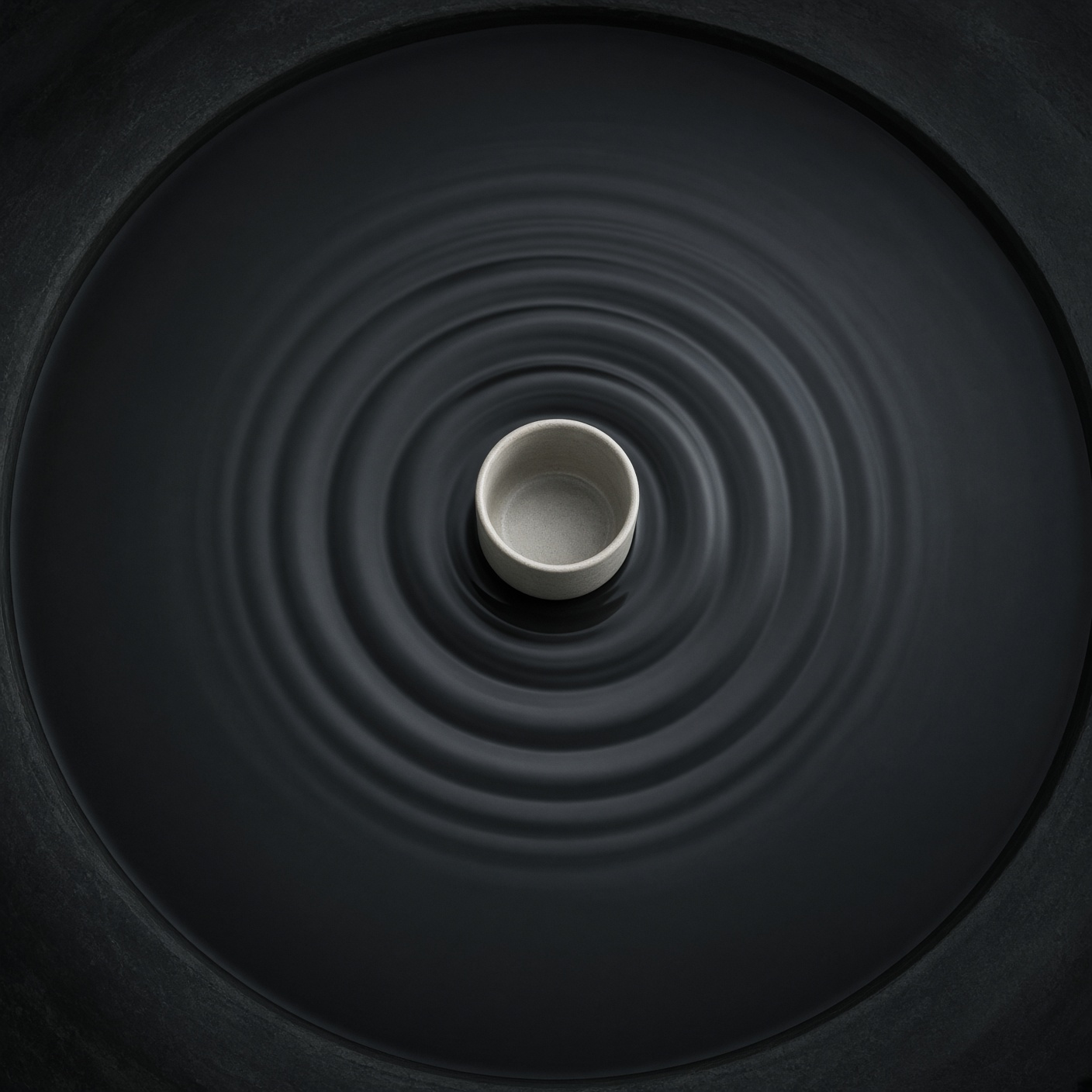 Concentric rings of still water with a small cup at the center.