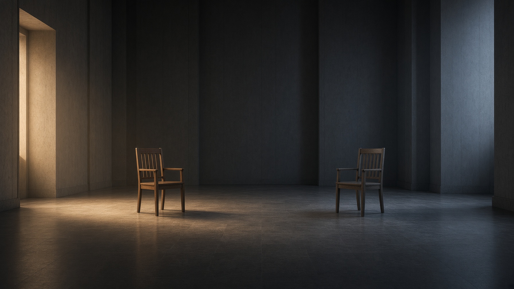 Two empty chairs facing each other across a wide dark floor.