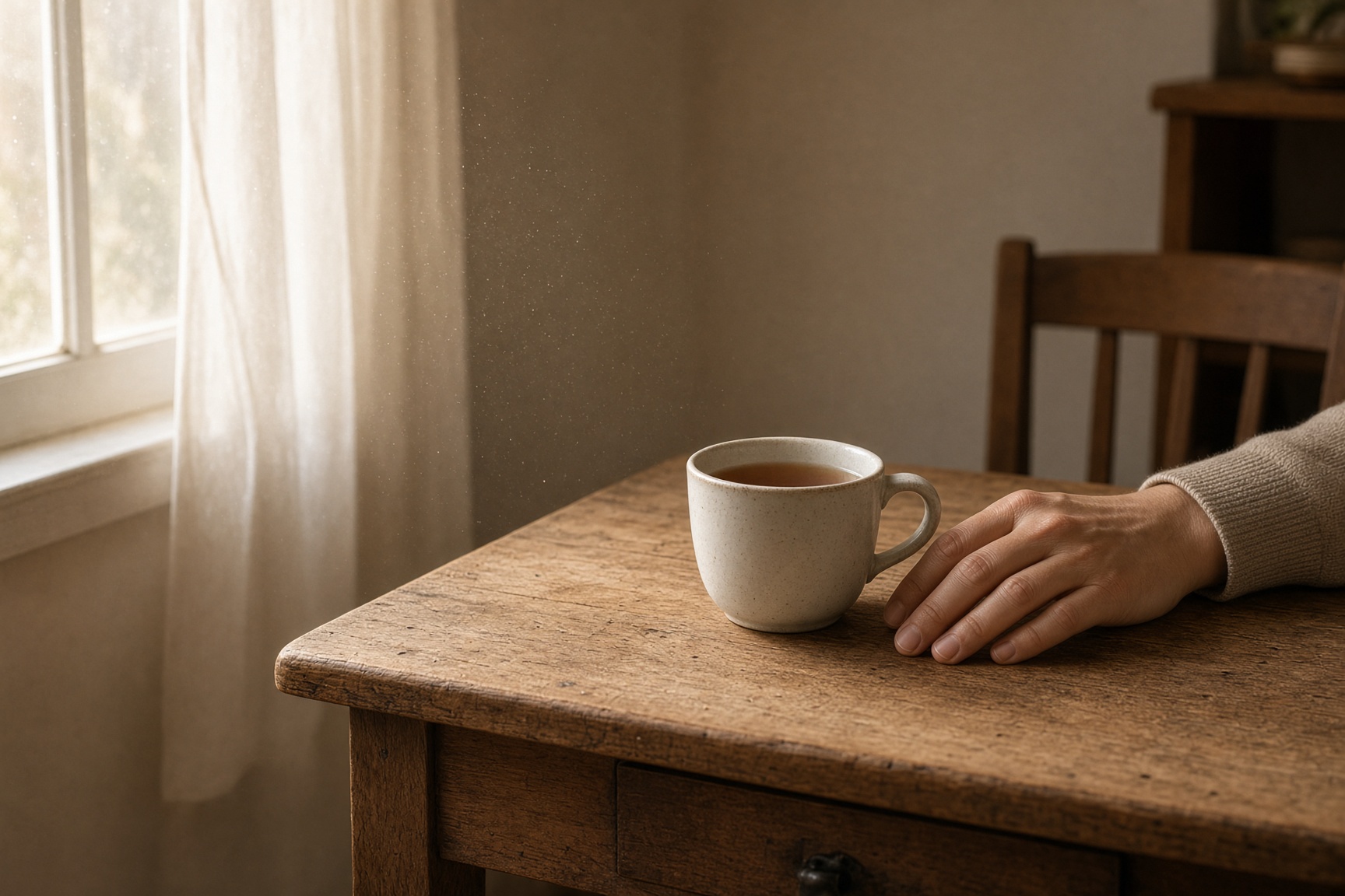 A cup on a wooden table by a window in ordinary morning light, a hand nearby.