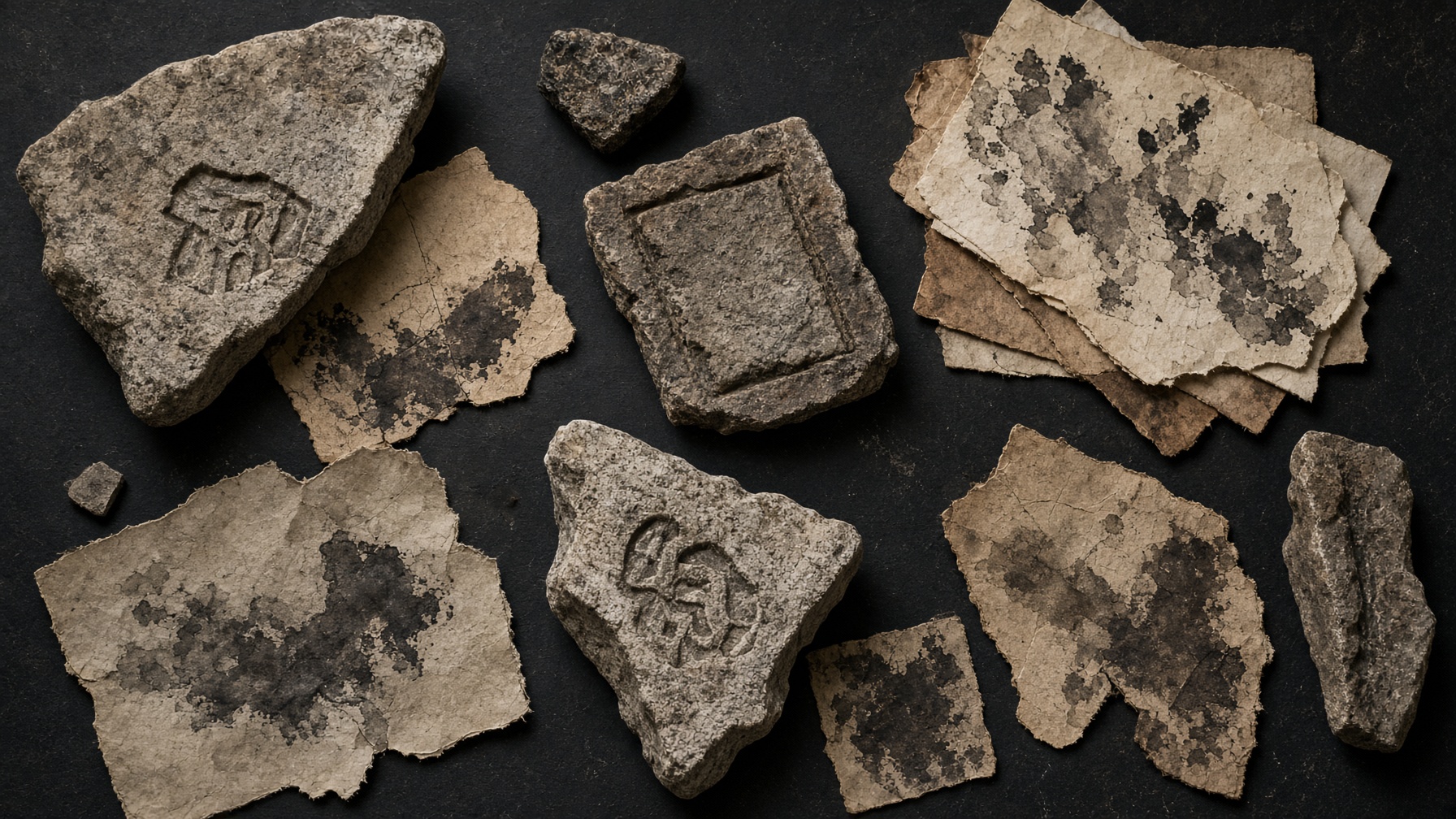 Stone fragments and paper scraps arranged like unnamed territories.